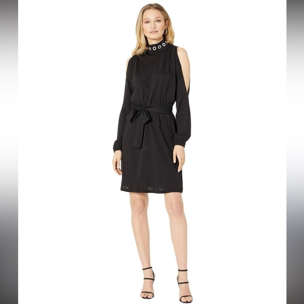 Michael Kors Black Long Sleeve Cold-Shoulder Dress Mock Grommet Neck